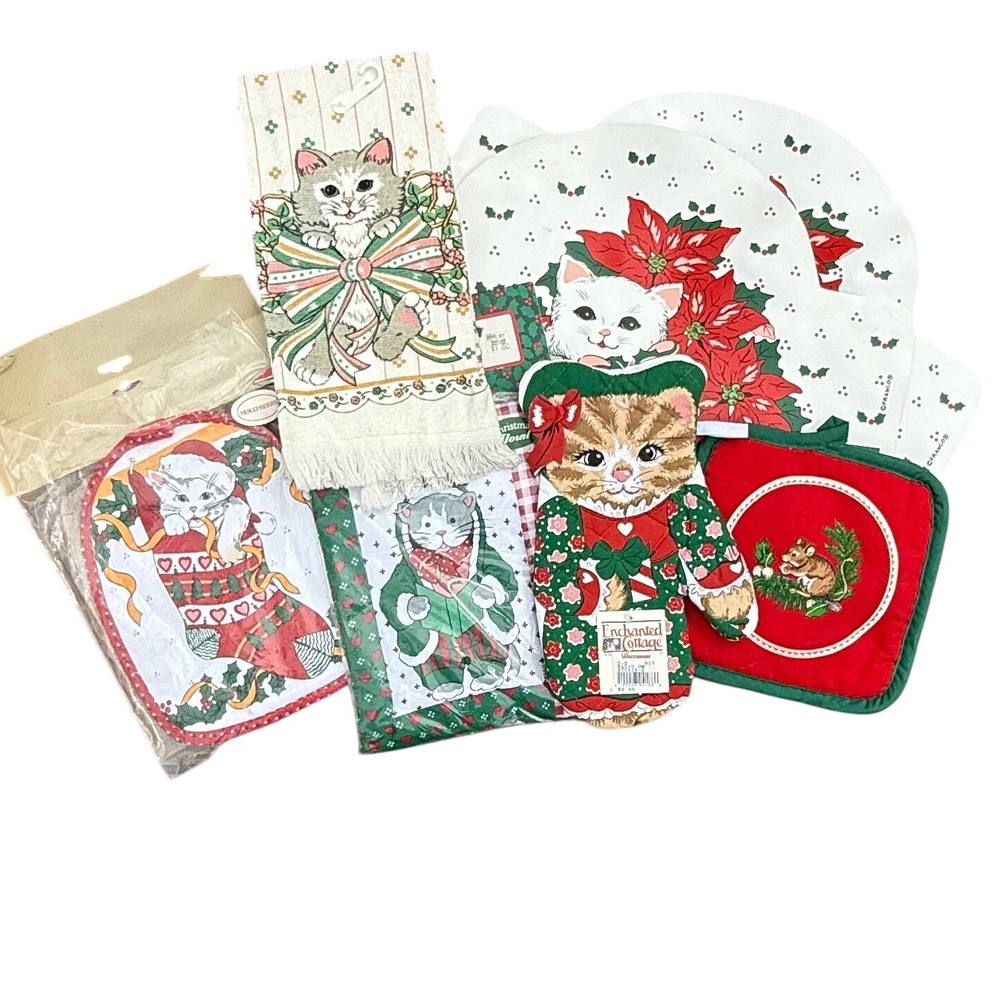 Vintage‎ Cottage Core Christmas Kitchen Set Cat Potholder Towel Placemats